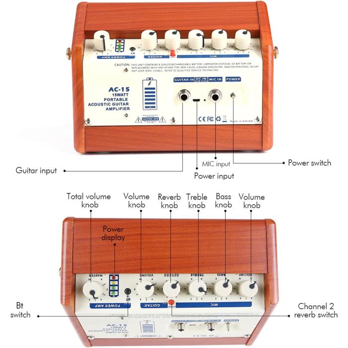 Tignapoo AC-15 15W Taşınabilir Şarjlı Akustik Gitar Bağlama Amfisi (mikrofon girişi, mp3 girişi, + rewerb, telefon tablet pc uyumlu
